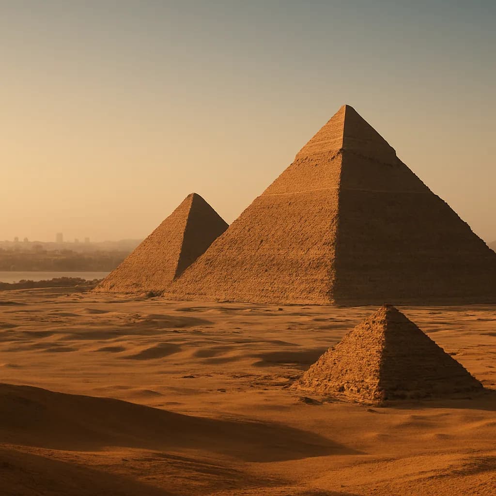 Die Pyramiden von Gizeh mit dem Nil und der Skyline von Kairo im goldenen Abendlicht