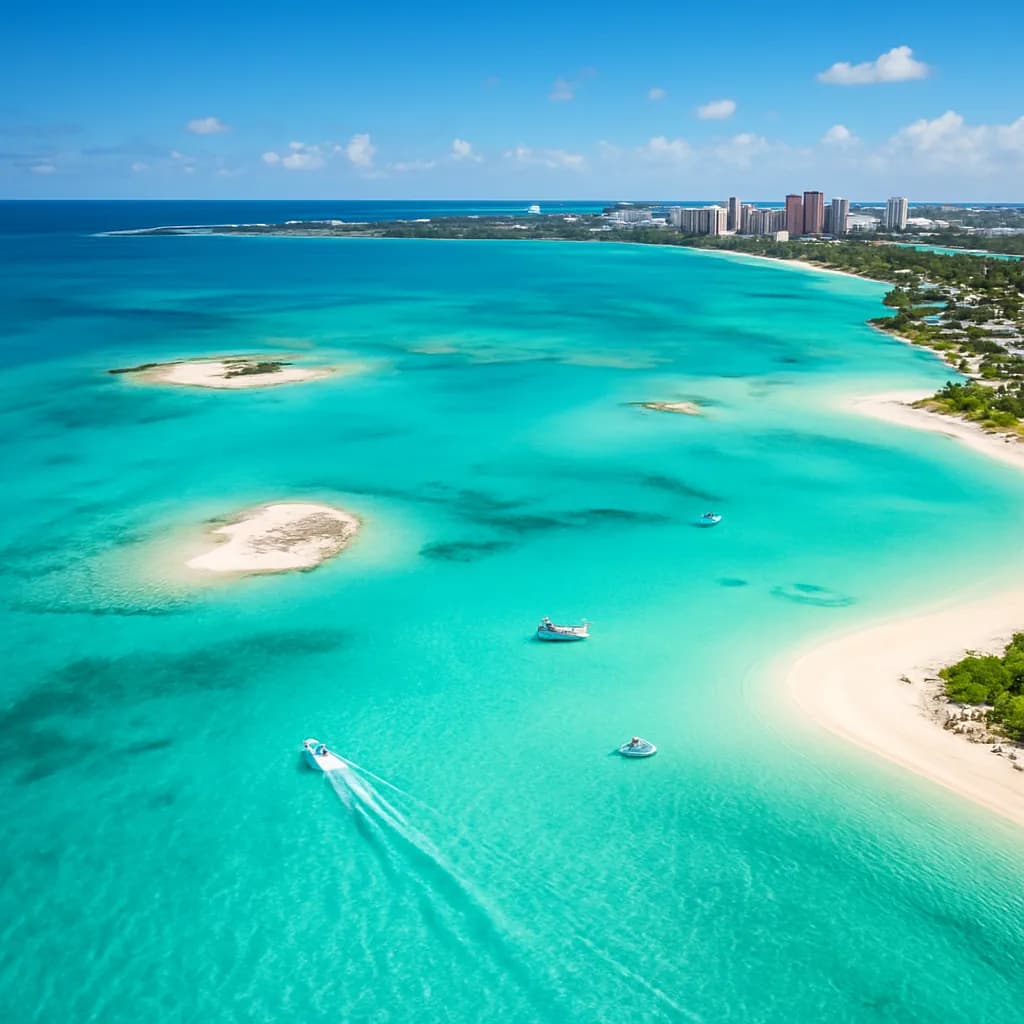 Türkisfarbenes Wasser und weiße Sandstrände der Bahamas mit Blick auf Nassau