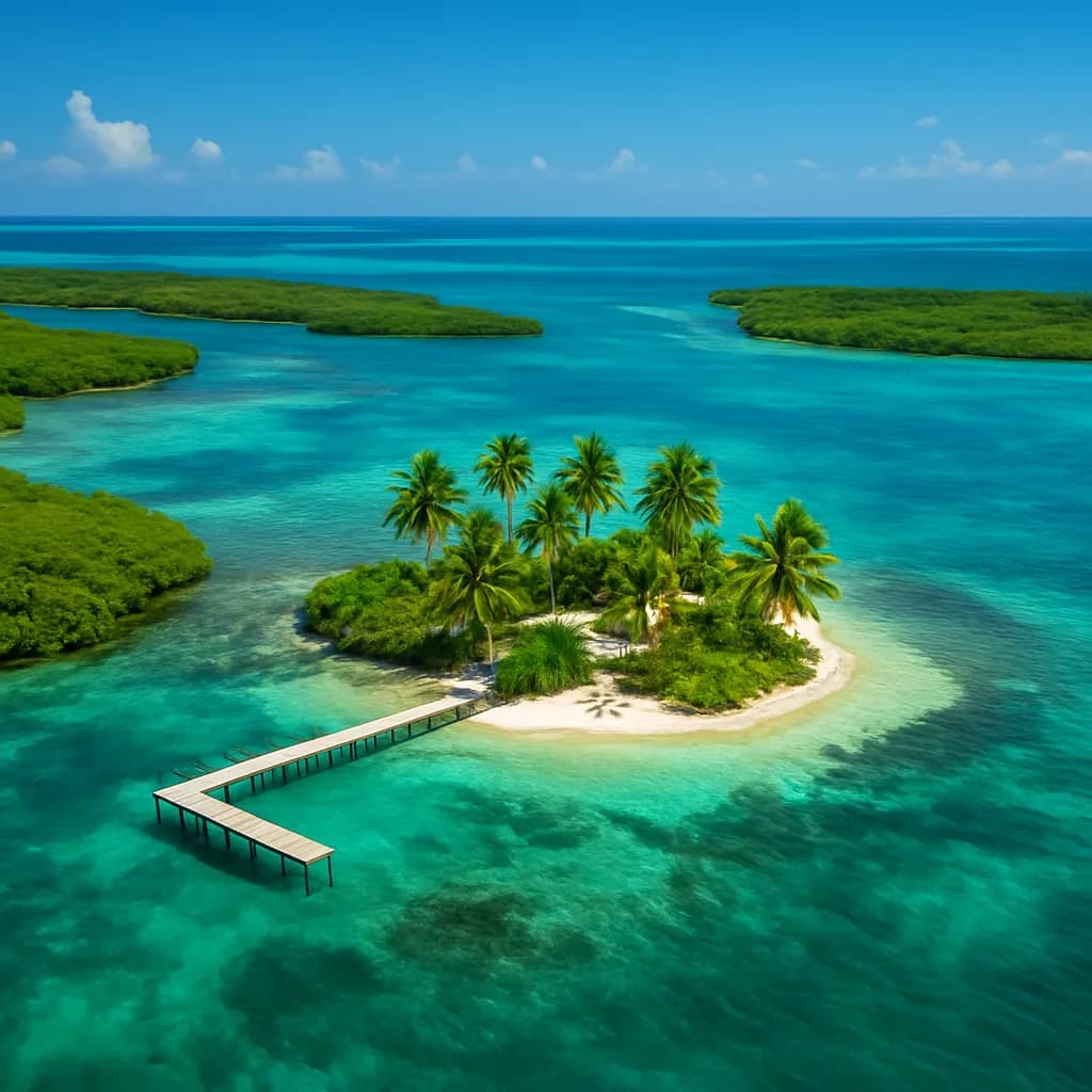 Karibikküste von Belize mit Barrier Reef und tropischer Vegetation