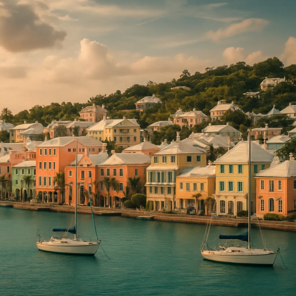 Pastellfarbene Häuser und Naturhafen von Hamilton, Hauptstadt von Bermuda