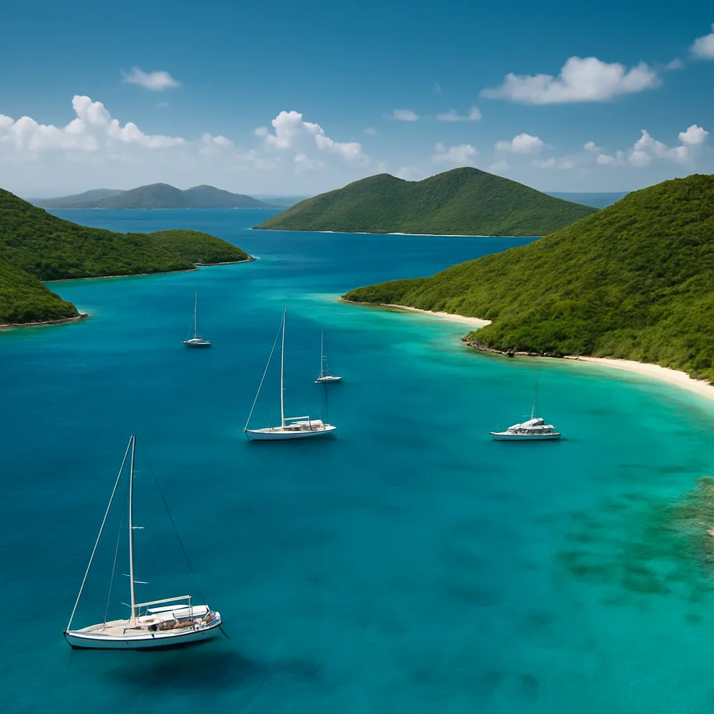 Türkisfarbene Buchten und Segelyachten vor Tortola, British Virgin Islands