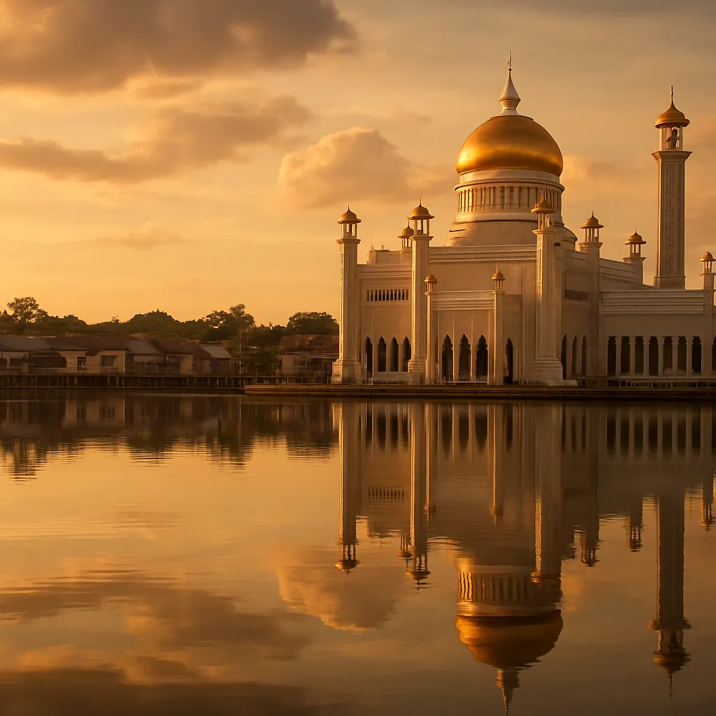 Goldene Moschee und Skyline von Bandar Seri Begawan, Hauptstadt von Brunei