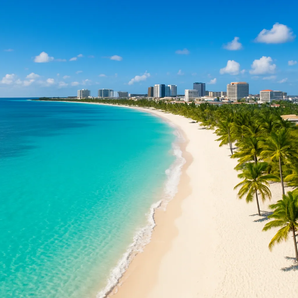 Seven Mile Beach mit türkisem Wasser und Skyline von George Town, Cayman Islands