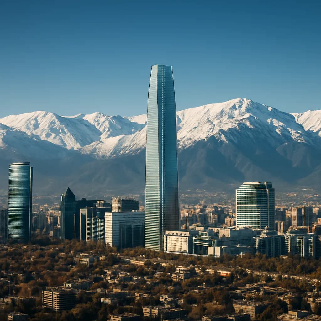 Skyline von Santiago de Chile mit den schneebedeckten Anden im Hintergrund
