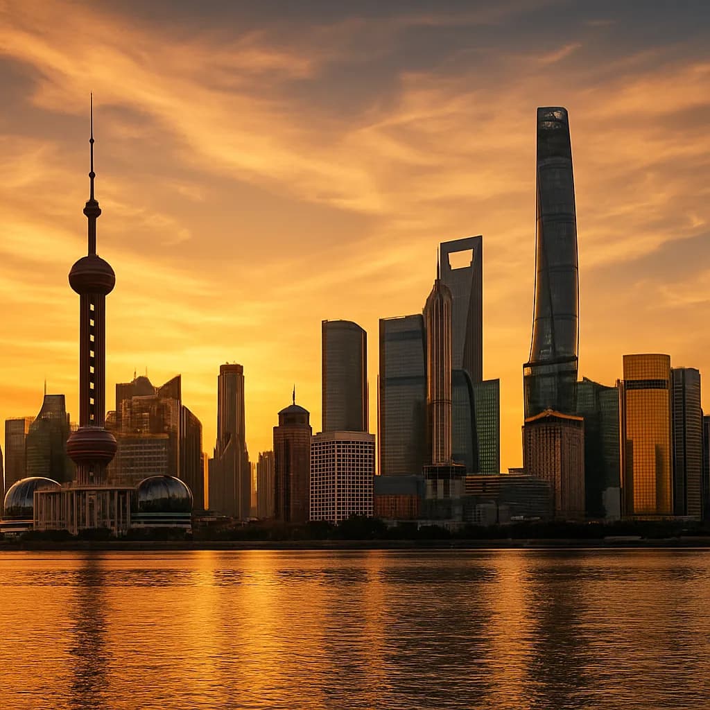 Skyline von Shanghai mit modernen Wolkenkratzern bei Sonnenuntergang