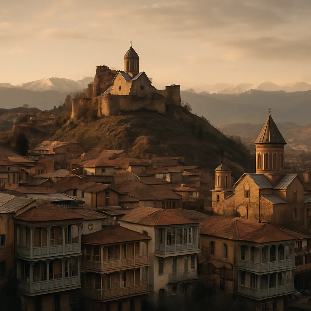 Altstadt von Tiflis mit Festung und Kaukasus-Bergen im Hintergrund, Hauptstadt von Georgien