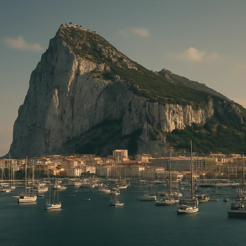 Der Felsen von Gibraltar mit Hafen und Stadt am Eingang zum Mittelmeer