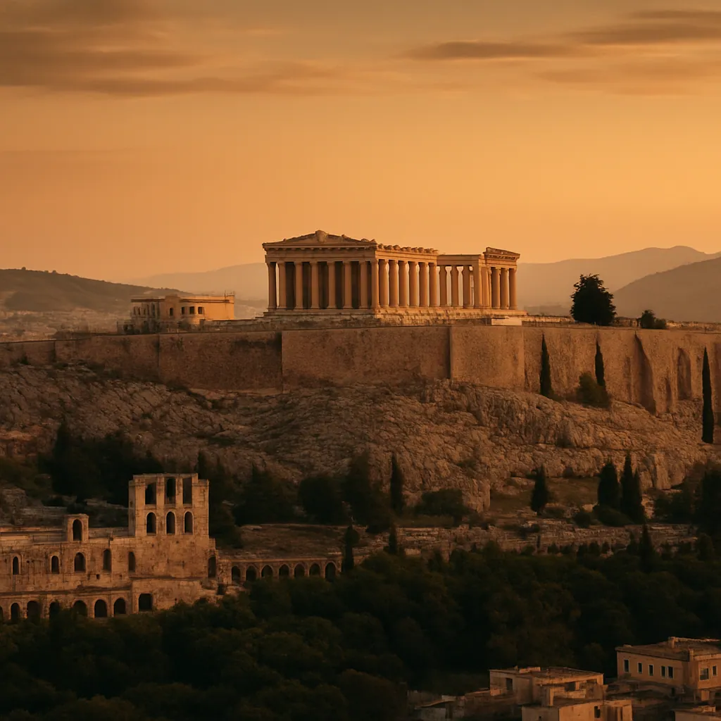 Die Akropolis von Athen über der Stadt im warmen Abendlicht