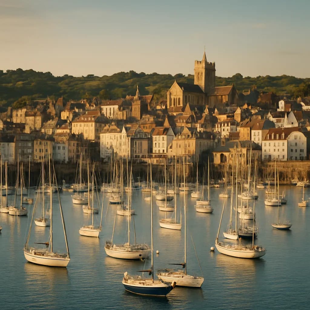 Der Hafen von St. Peter Port auf Guernsey mit Booten und historischer Hafenstadt
