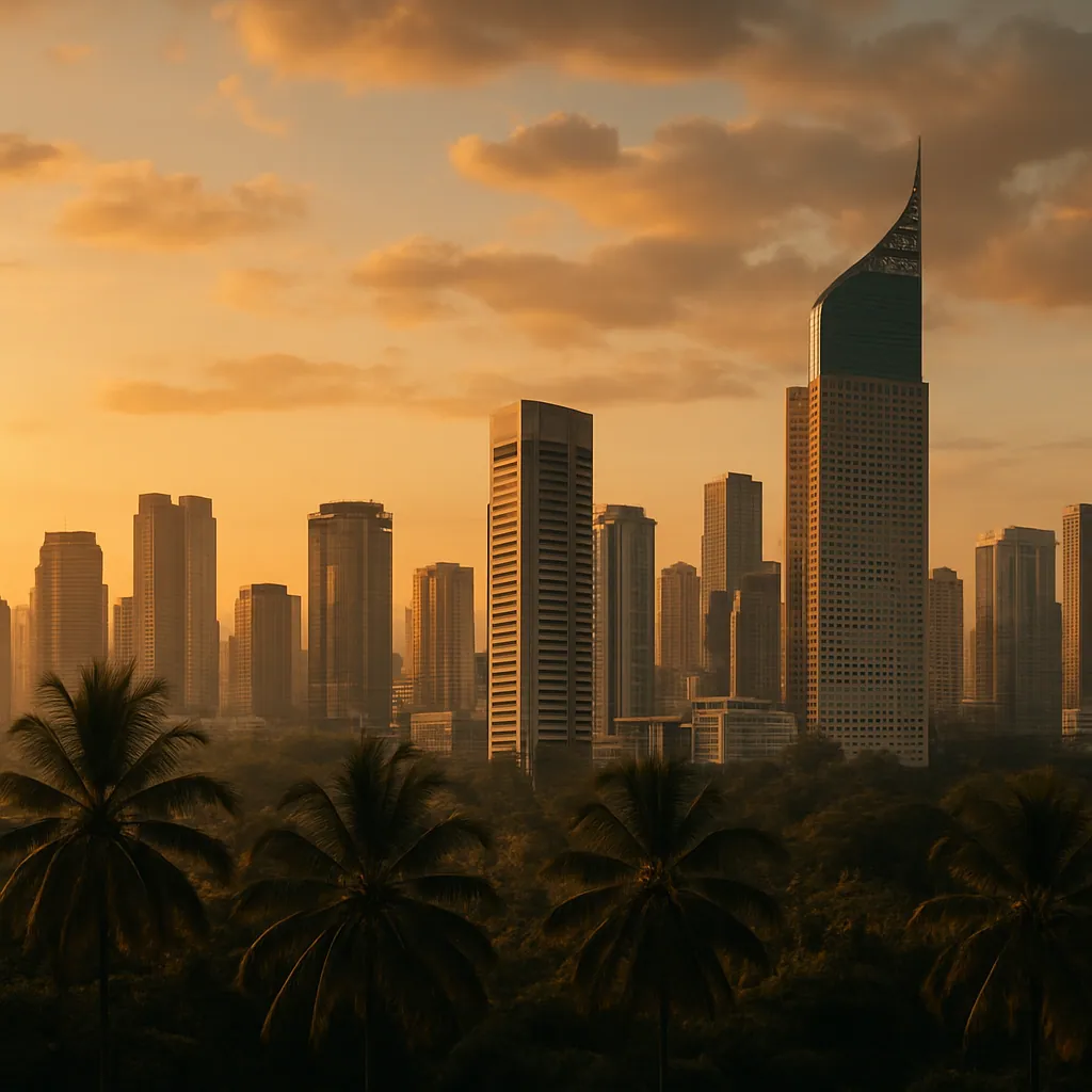 Skyline von Jakarta mit Hochhäusern und tropischer Kulisse