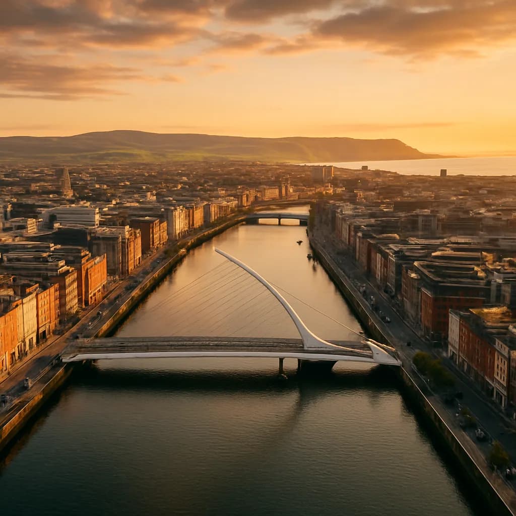 Skyline von Dublin entlang des River Liffey mit der Samuel Beckett Bridge
