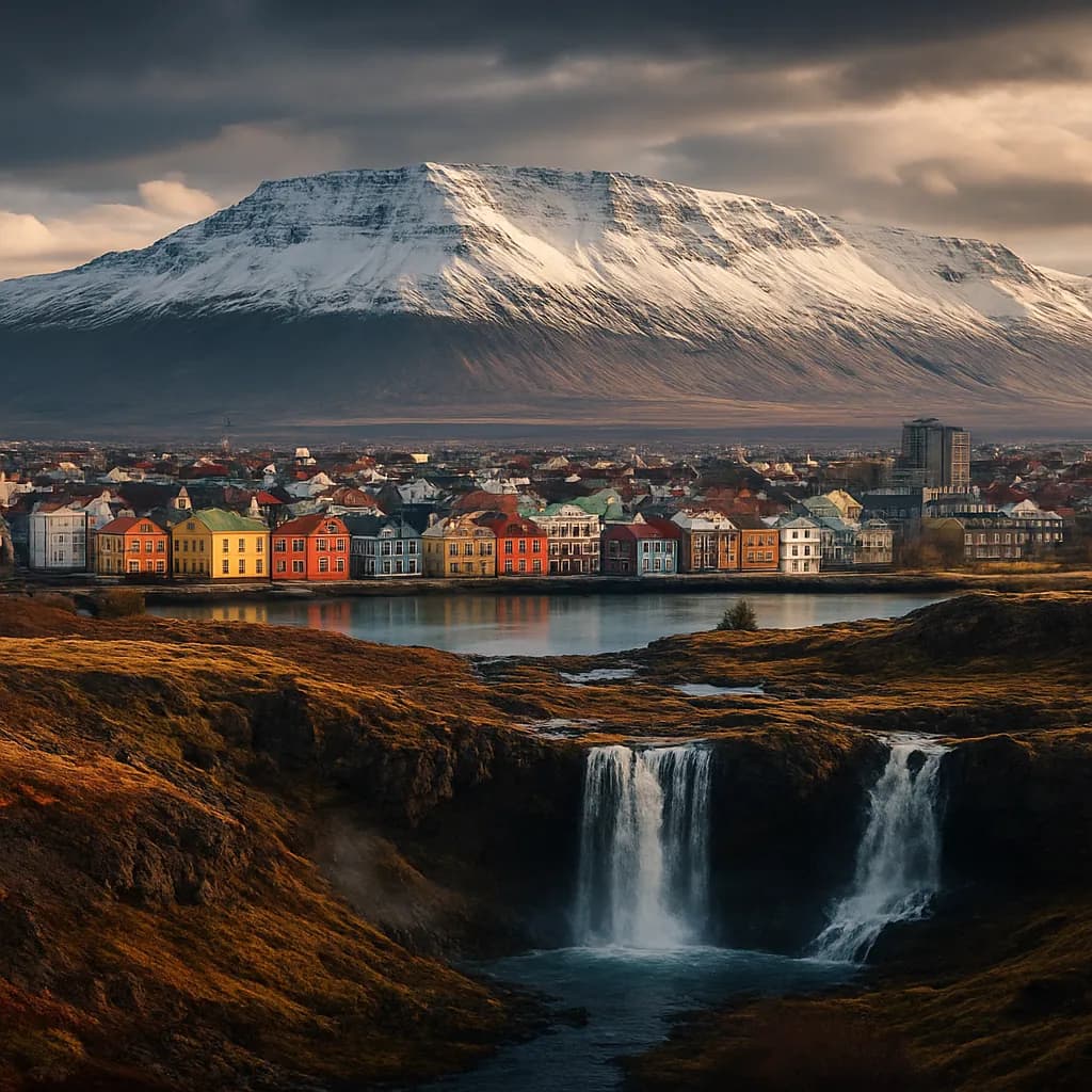 Reykjavík mit bunten Hafengebäuden und schneebedecktem Berg Esja im Hintergrund