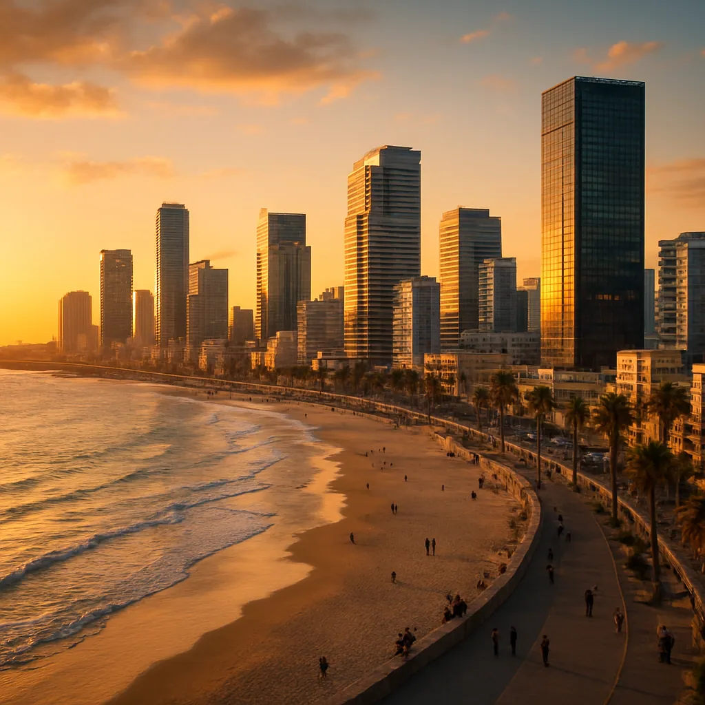 Skyline von Tel Aviv entlang der Mittelmeerküste bei Sonnenuntergang
