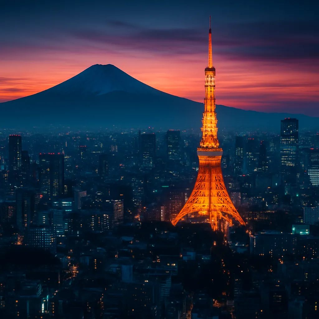 Skyline von Tokio in der Abenddämmerung mit dem Tokyo Tower und Berg Fuji