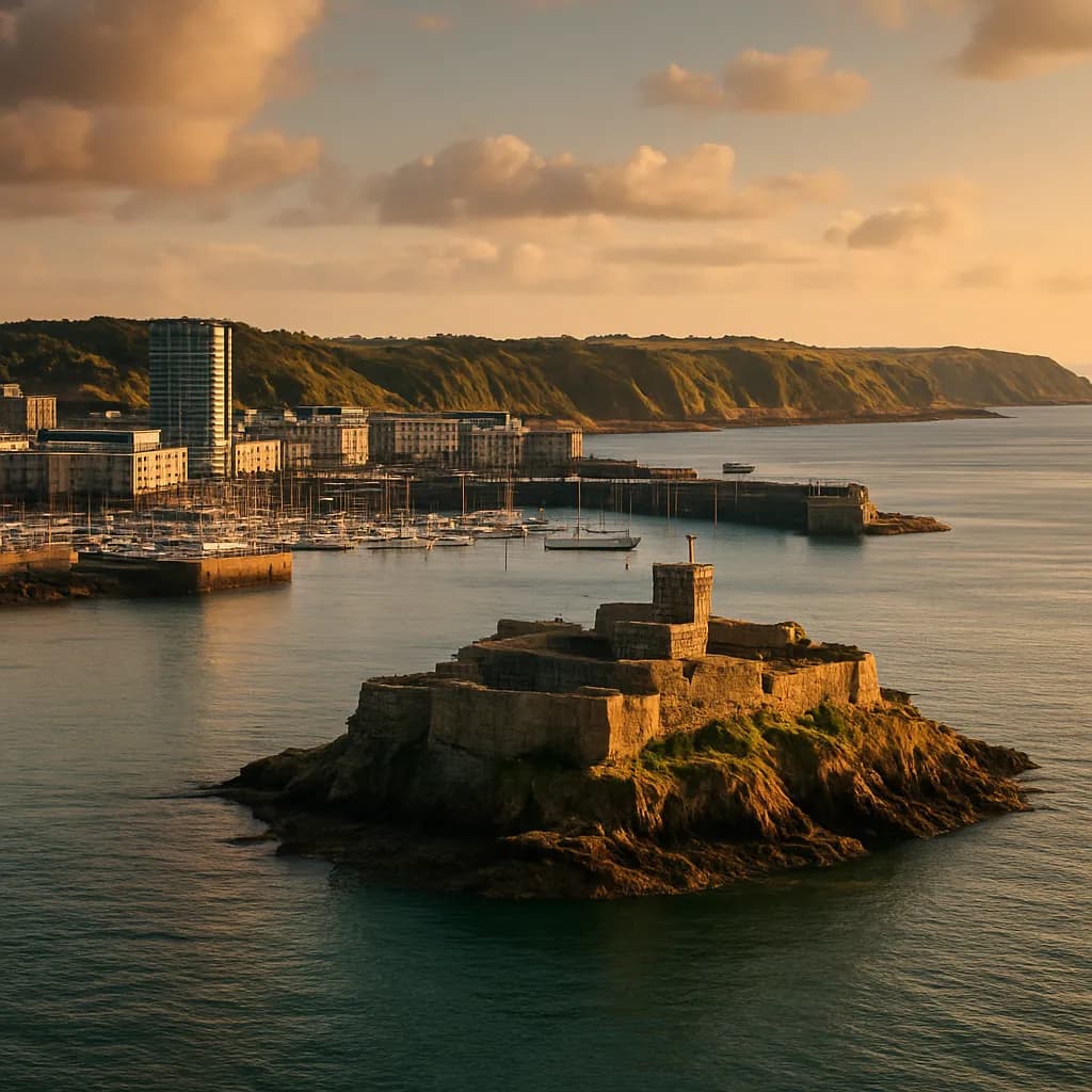 Hafen von Saint Helier auf Jersey mit Elizabeth Castle in der Bucht