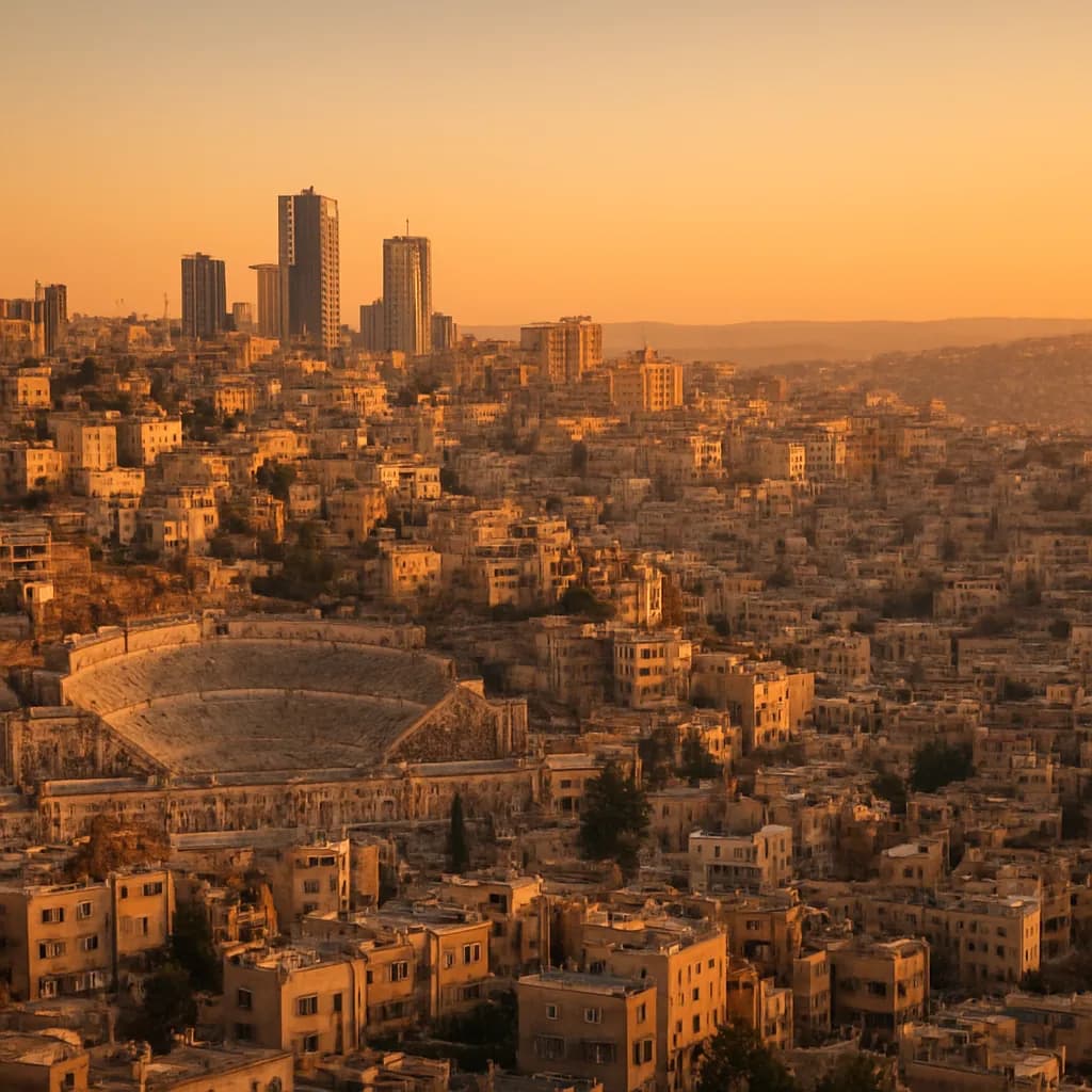 Stadtbild von Amman, Jordanien, mit weißen Kalksteingebäuden auf Hügeln