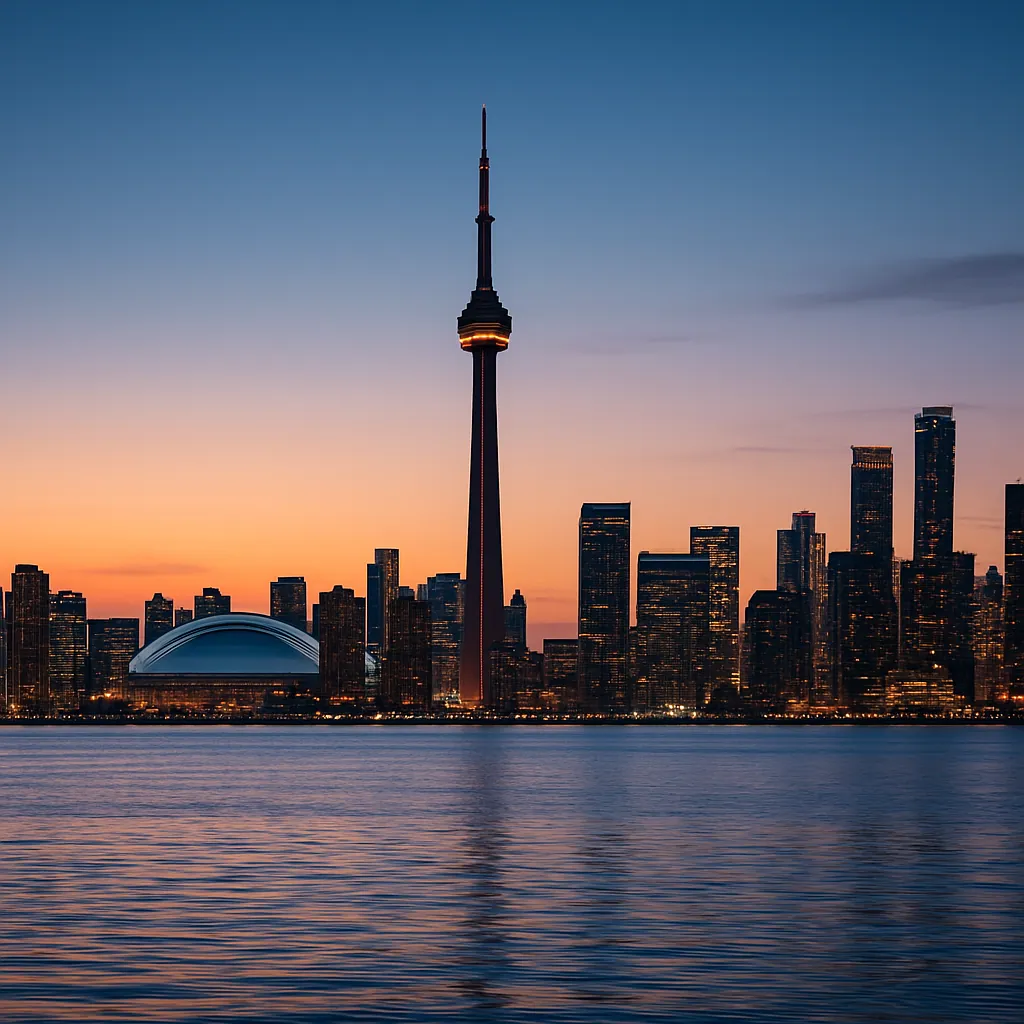 Skyline von Toronto mit dem CN Tower am Lake Ontario