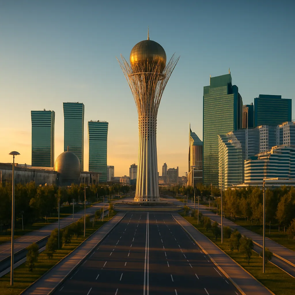 Futuristische Skyline von Astana mit dem Bayterek-Turm