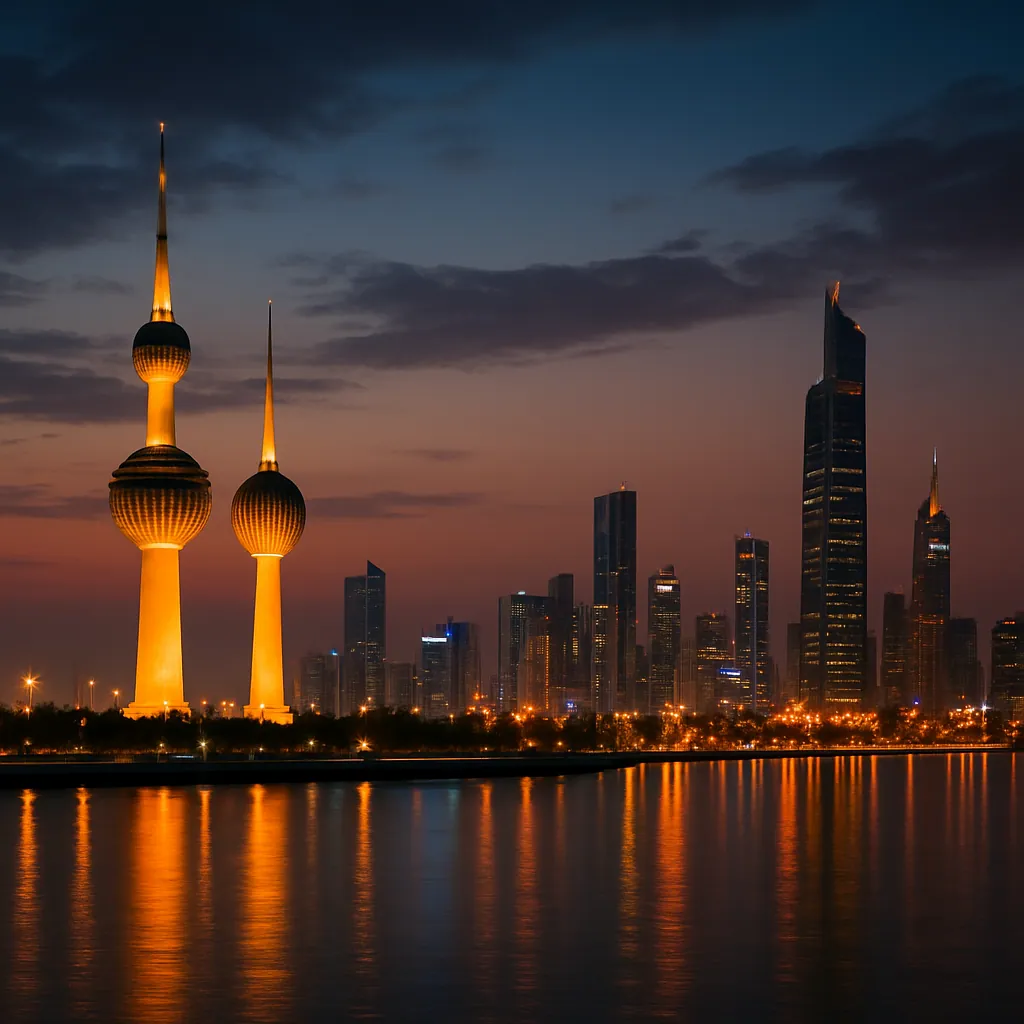 Skyline von Kuwait-Stadt mit den Kuwait Towers am Persischen Golf