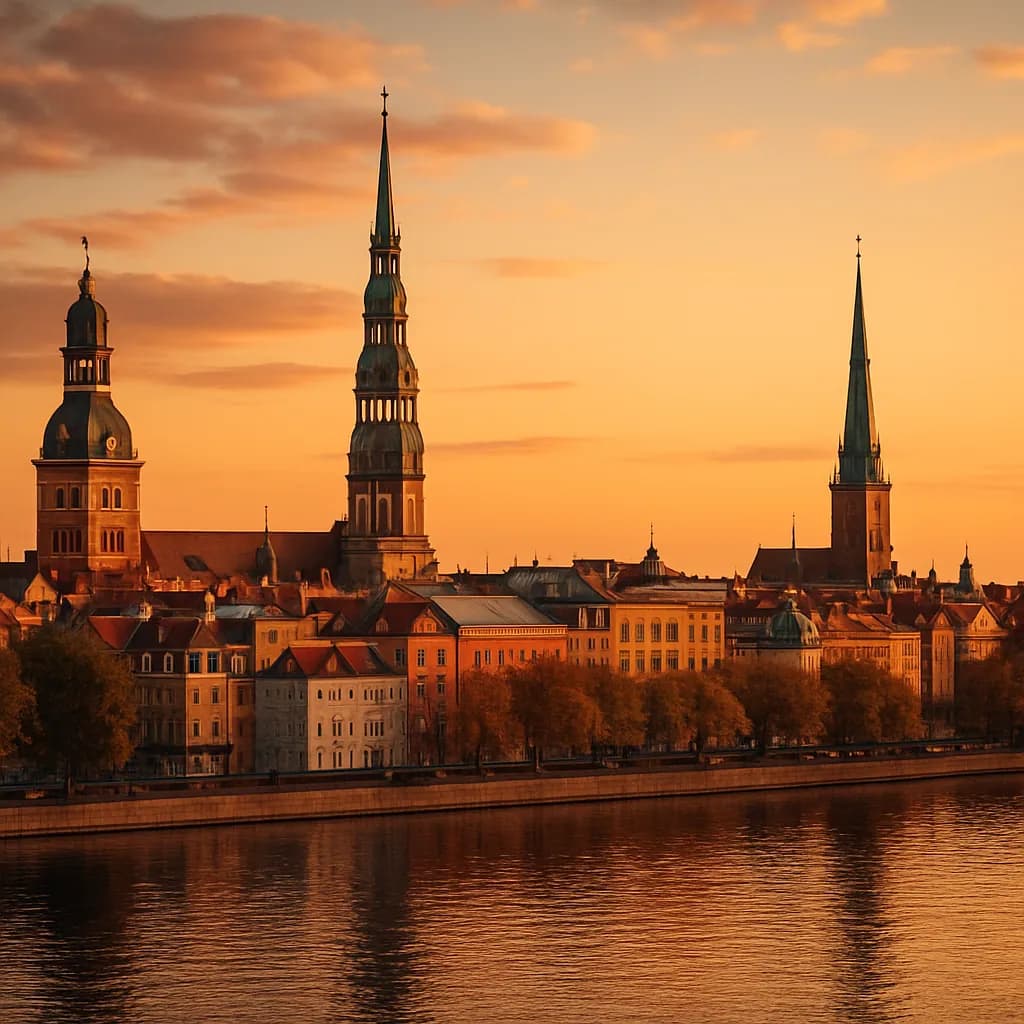 Altstadt von Riga mit historischen Kirchtürmen an der Daugava
