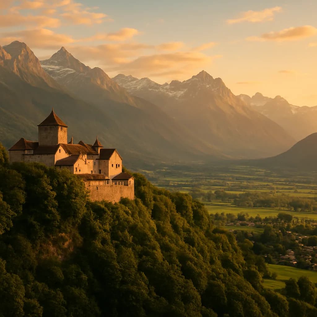 Schloss Vaduz über dem Rheintal mit den Alpen im Hintergrund