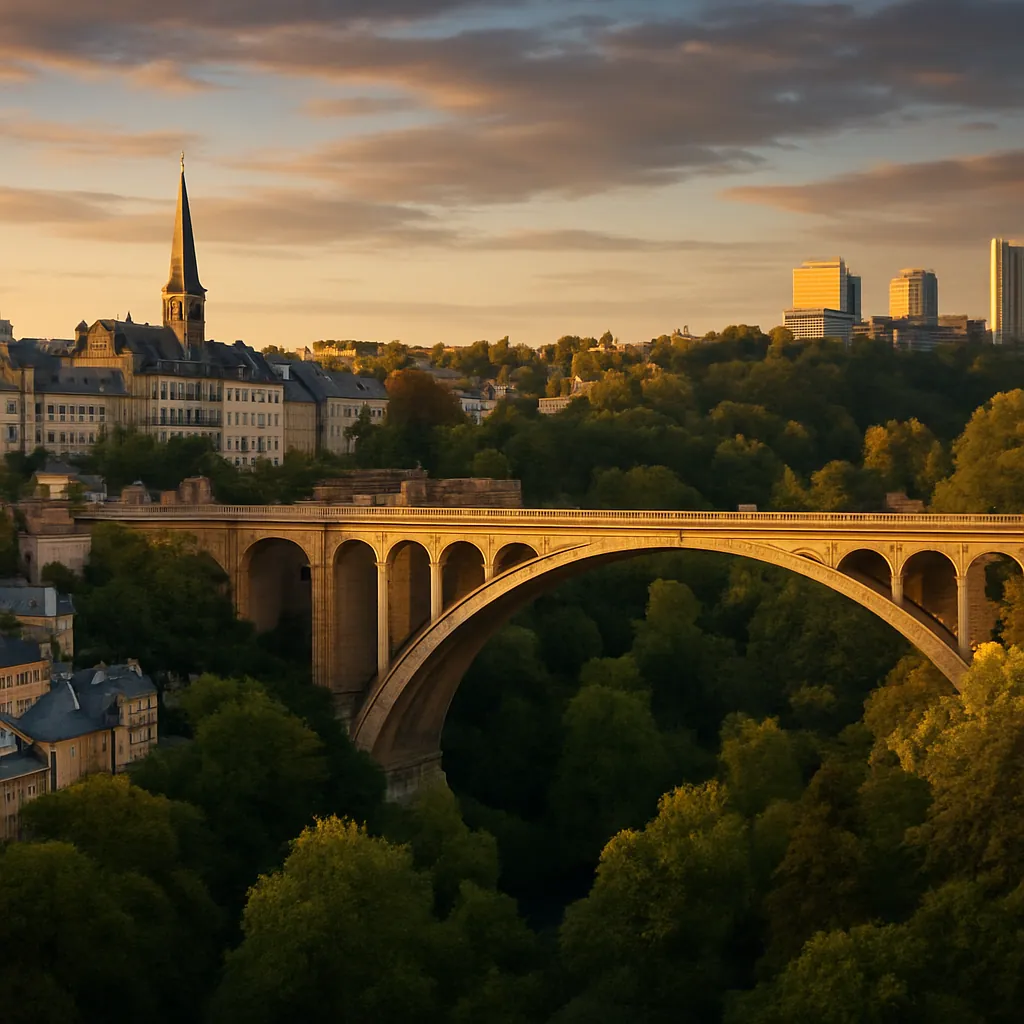 Altstadt von Luxemburg-Stadt mit der Adolphe-Brücke über der Pétrusse-Schlucht