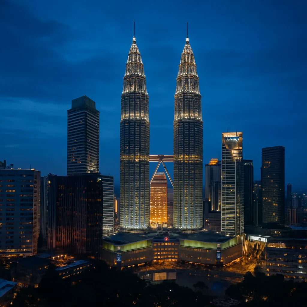 Skyline von Kuala Lumpur mit den Petronas Twin Towers in der Abenddämmerung