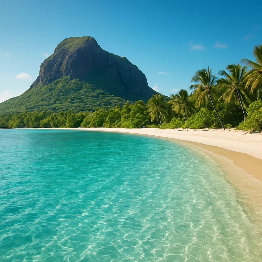 Türkisfarbene Lagune und Le Morne Brabant auf Mauritius
