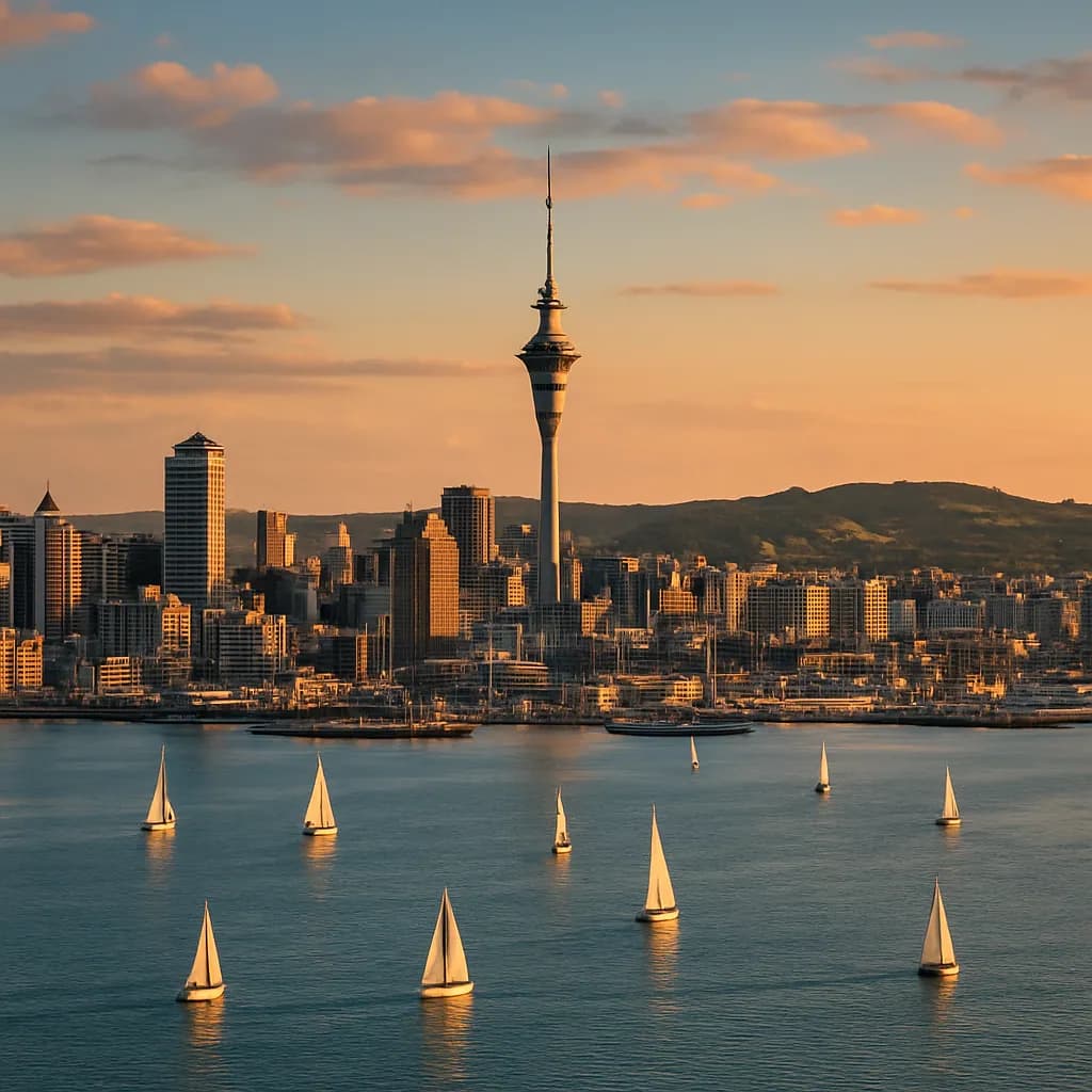 Die Skyline von Auckland mit Sky Tower und Hafen