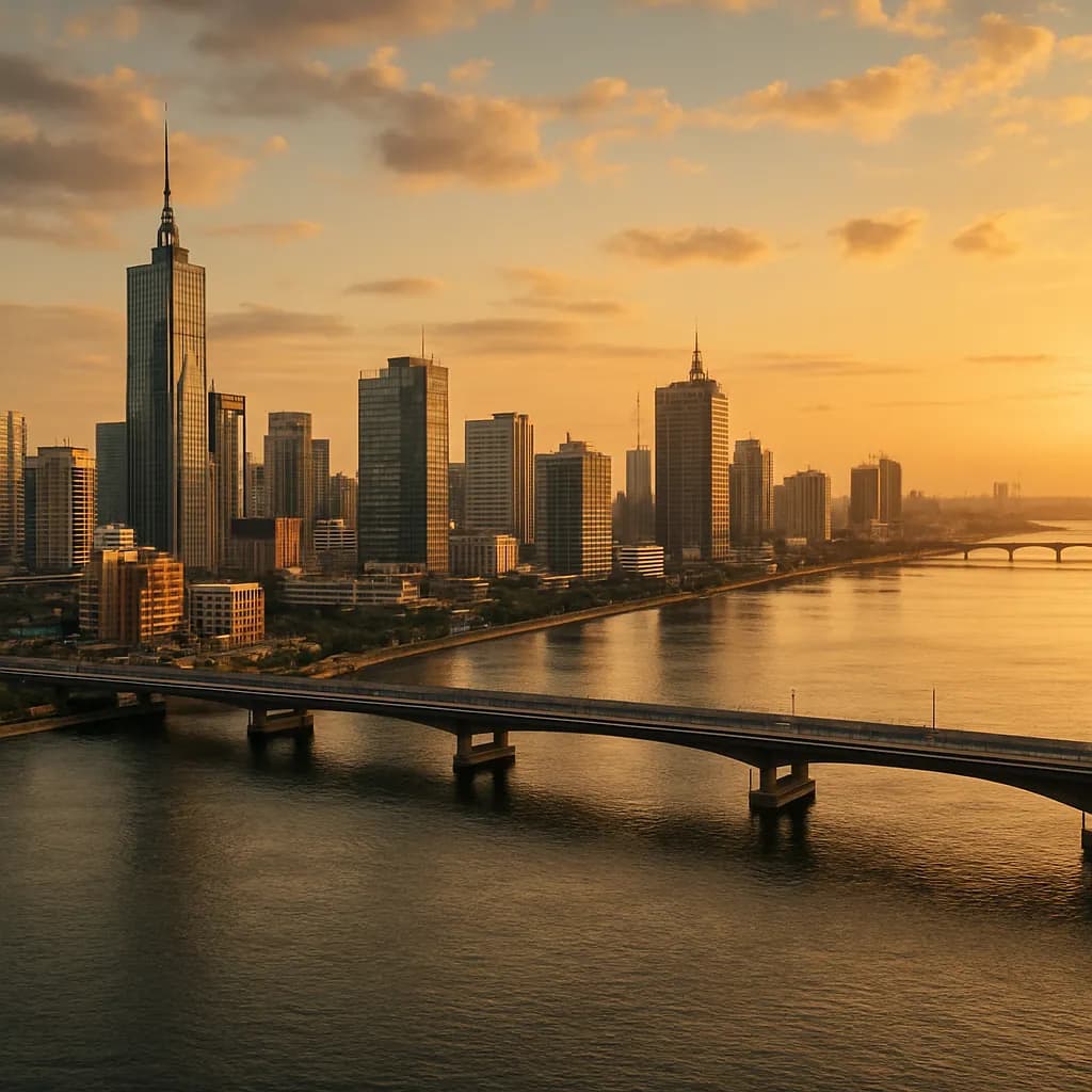 Die Skyline von Lagos mit Hochhäusern an der Lagune