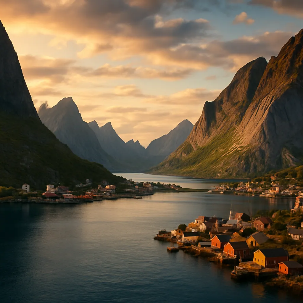 Norwegischer Fjord mit steilen Bergen und kleinem Küstendorf
