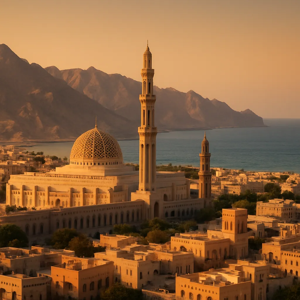 Sultan-Qaboos-Moschee und omanische Architektur vor Bergen und Arabischem Meer