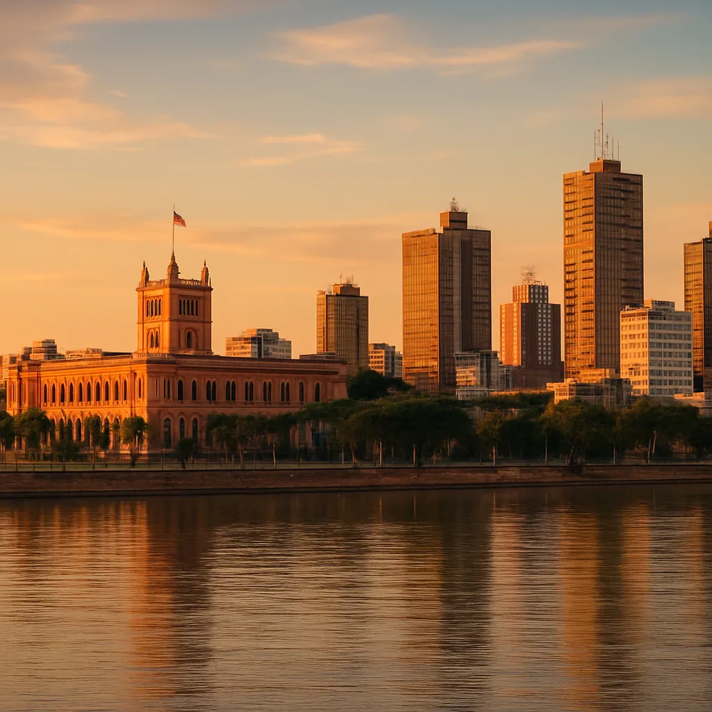 Skyline von Asunción am Paraguay-Fluss mit dem Palacio de los López