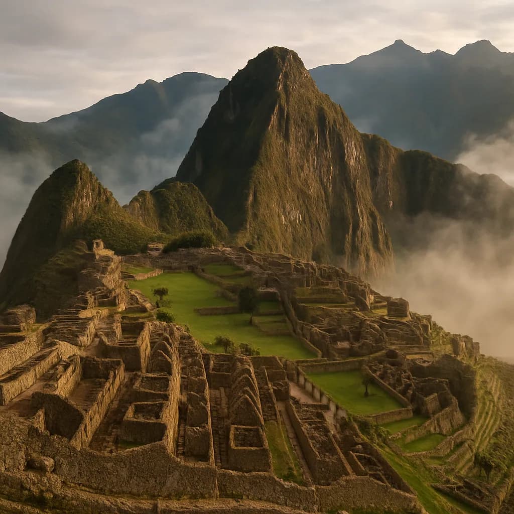 Machu Picchu auf einem grünen Bergrücken mit dramatischen Anden im Hintergrund