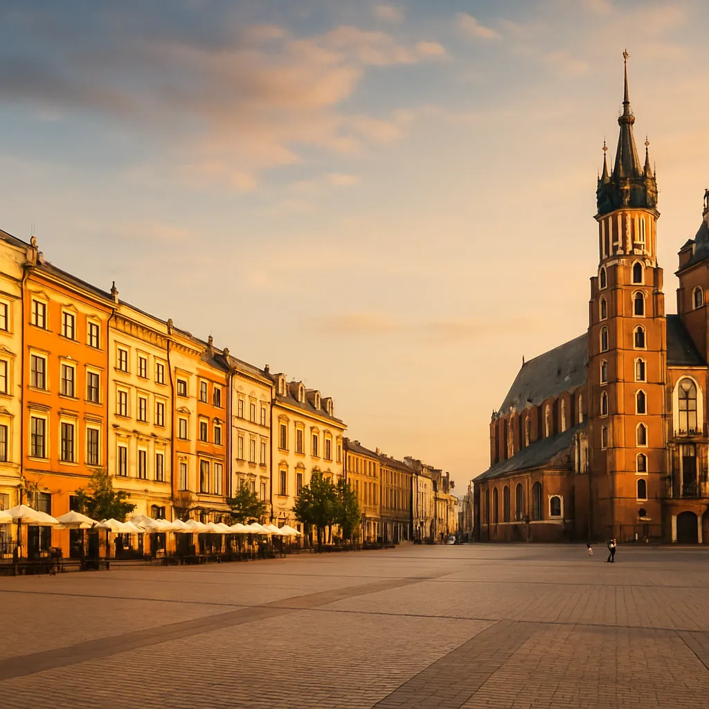 Altstädter Marktplatz in Krakau mit Tuchhallen und Marienkirche, Polen