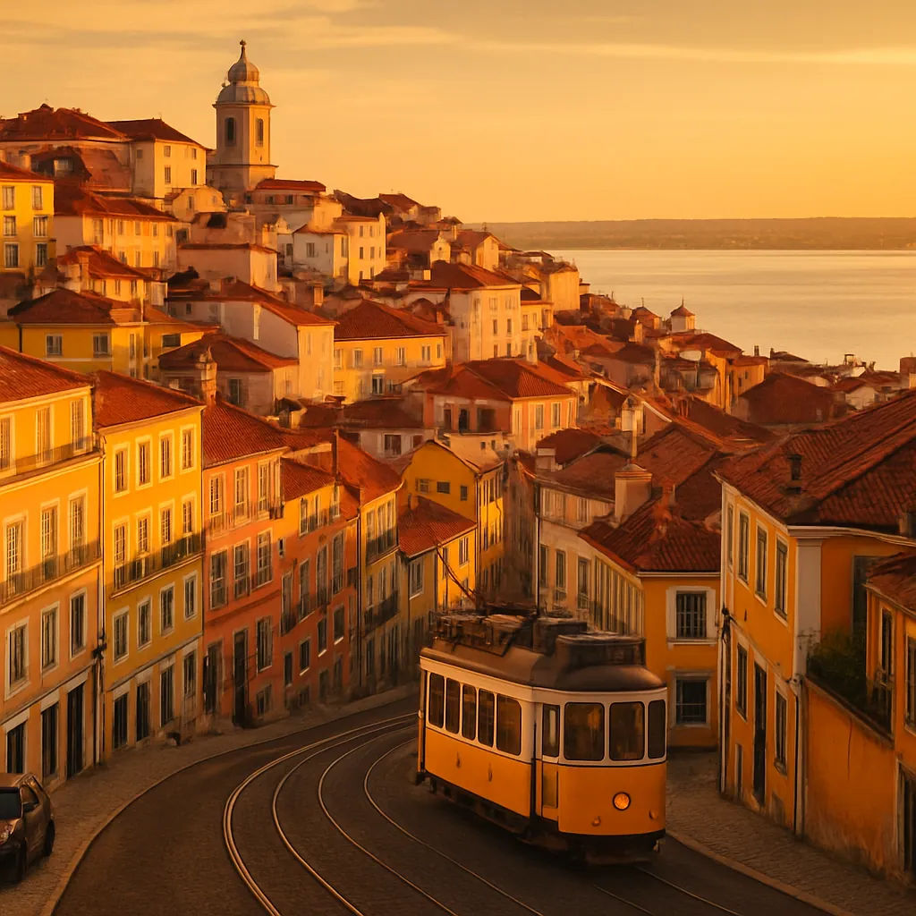 Bunte Hügelhäuser von Lissabon mit Tejo und historischer Straßenbahn, Portugal