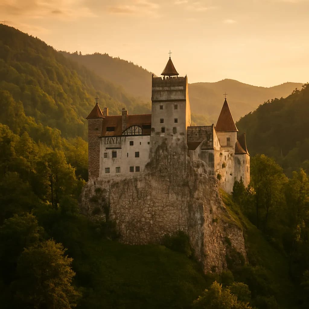Schloss Bran in Transsilvanien umgeben von bewaldeten Karpatenhügeln, Rumänien