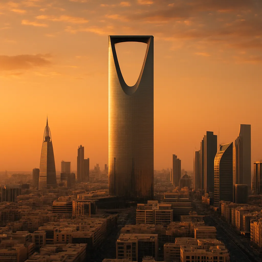 Skyline von Riad mit modernen Hochhäusern bei Sonnenuntergang