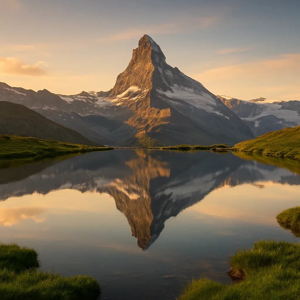 Das Matterhorn spiegelt sich in einem klaren Bergsee in den Schweizer Alpen