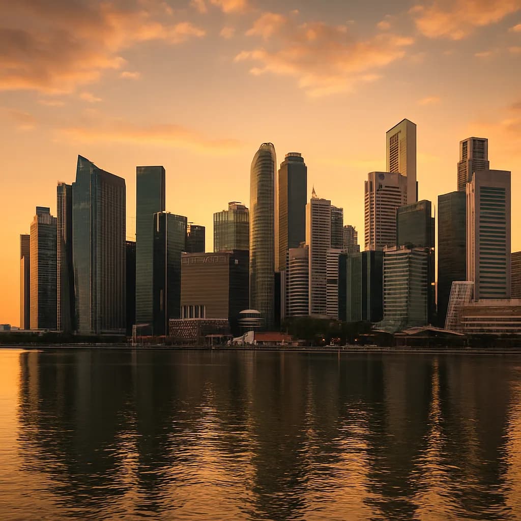 Skyline von Singapur an der Marina Bay bei Sonnenuntergang