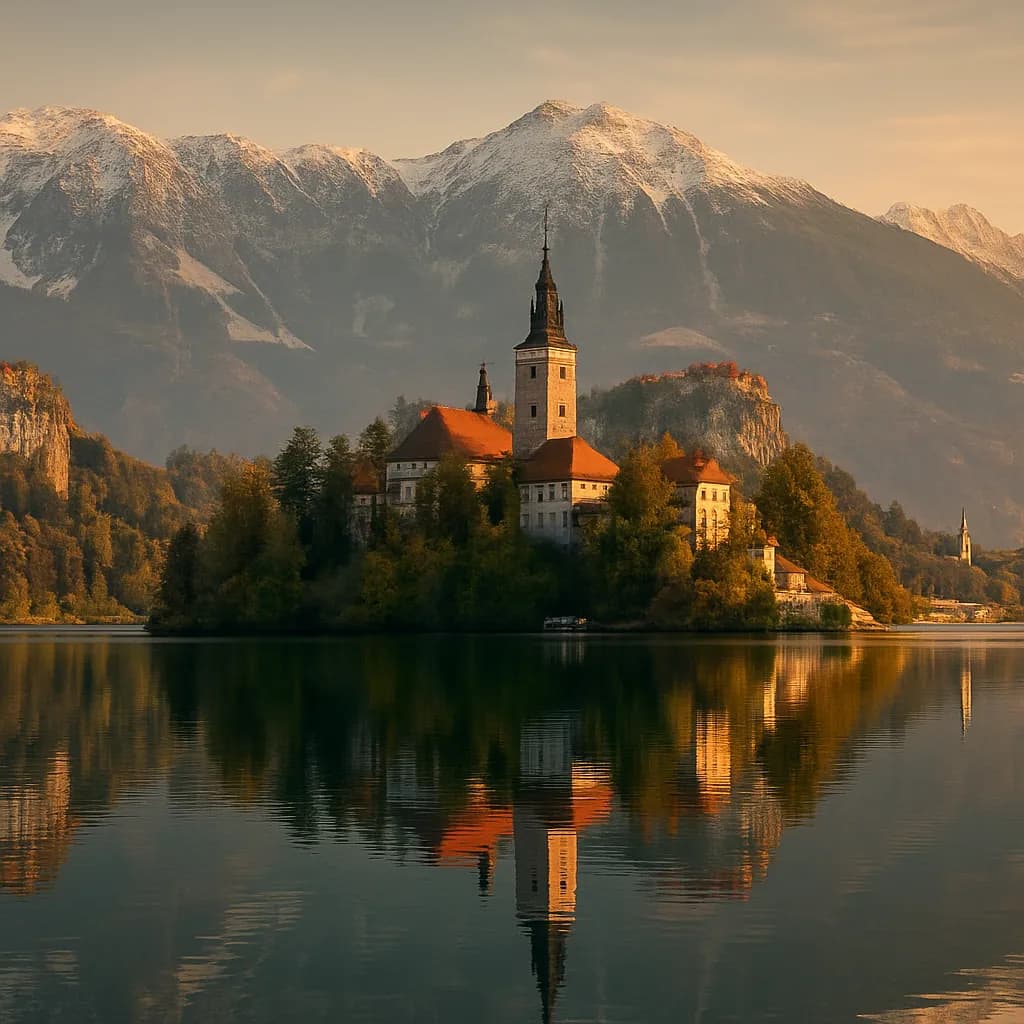 Inselkirche im Bleder See mit Burg und Alpen im Hintergrund