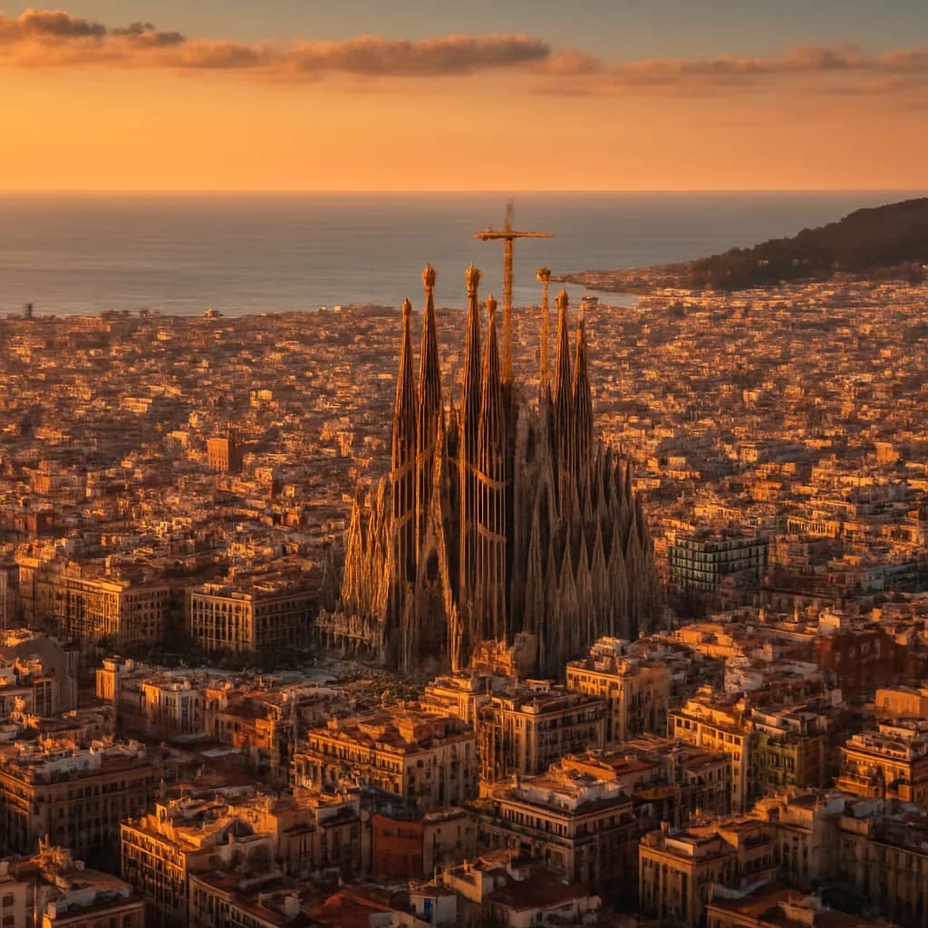 Skyline von Barcelona mit der Sagrada Família und der Mittelmeerküste