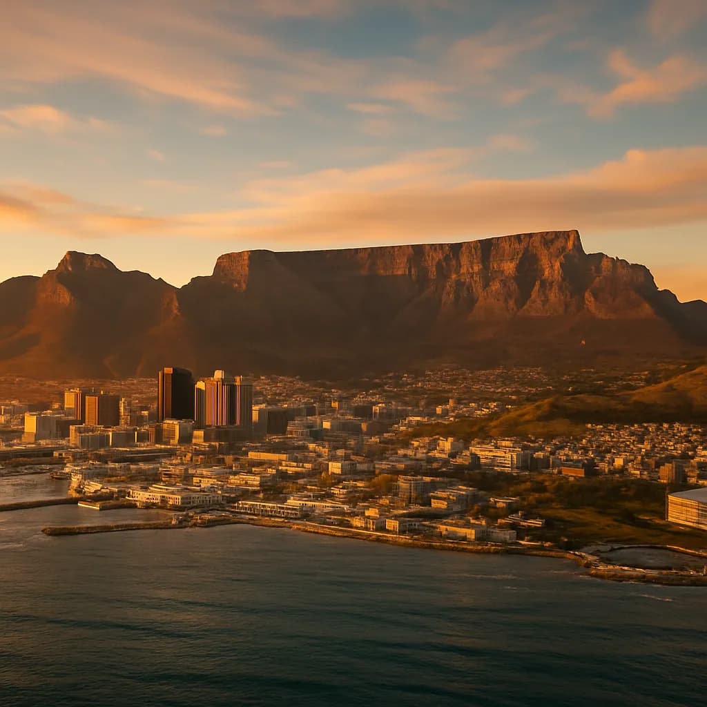 Skyline von Kapstadt mit dem Tafelberg und der Atlantikküste