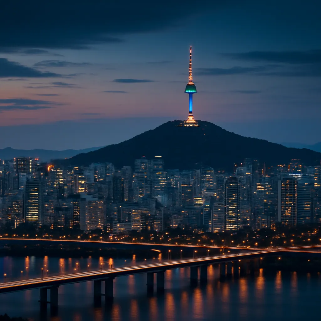 Skyline von Seoul mit dem N Seoul Tower und dem Han-Fluss in der Abenddämmerung