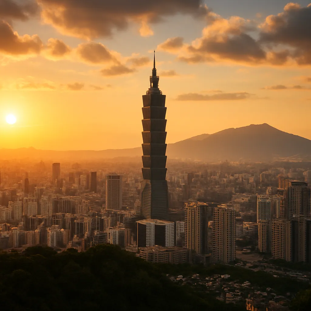 Skyline von Taipeh mit dem Wolkenkratzer Taipei 101 vor grünen Bergen, Taiwan