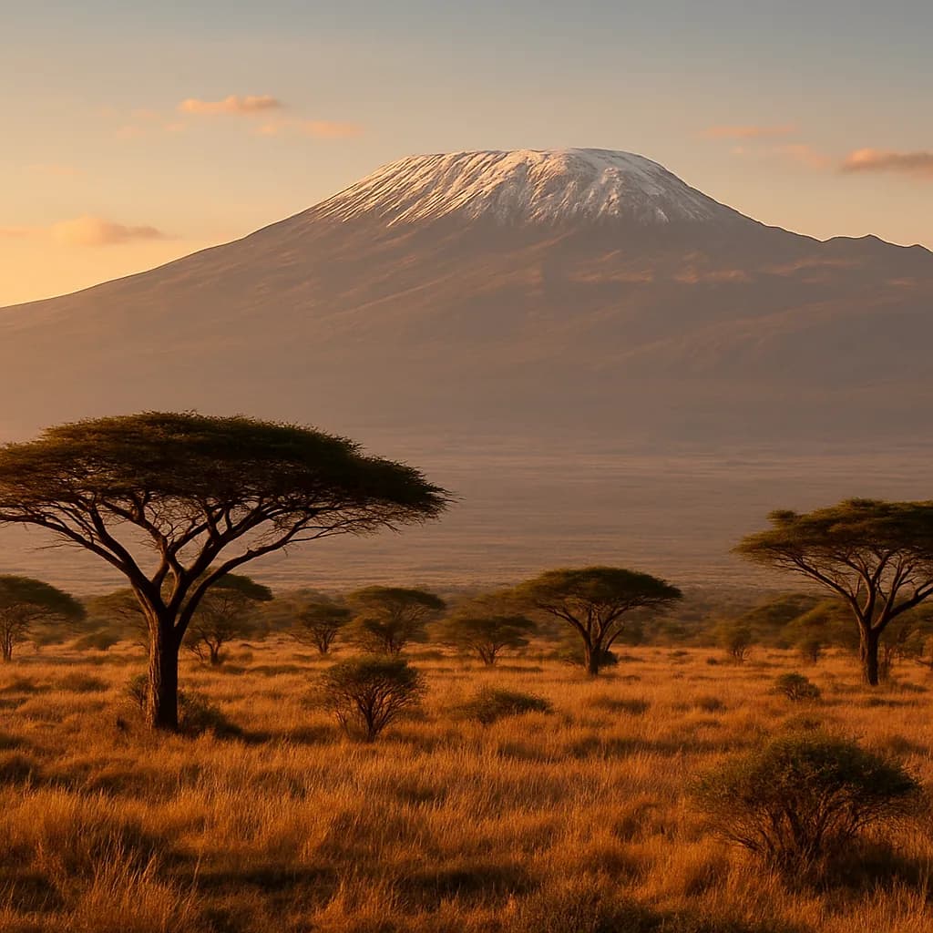 Serengeti-Savanne mit dem schneebedeckten Kilimandscharo im Hintergrund, Tansania
