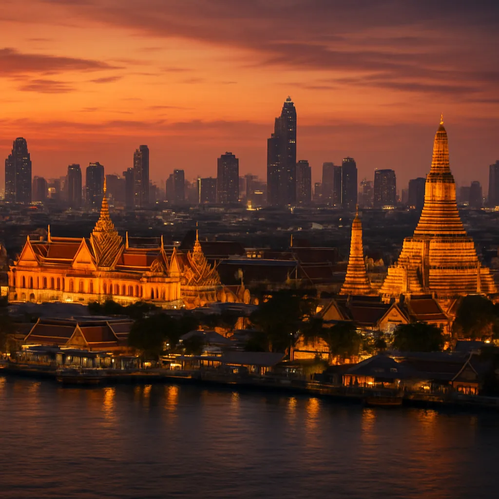 Skyline von Bangkok mit Tempeln am Chao-Phraya-Fluss und modernen Hochhäusern, Thailand