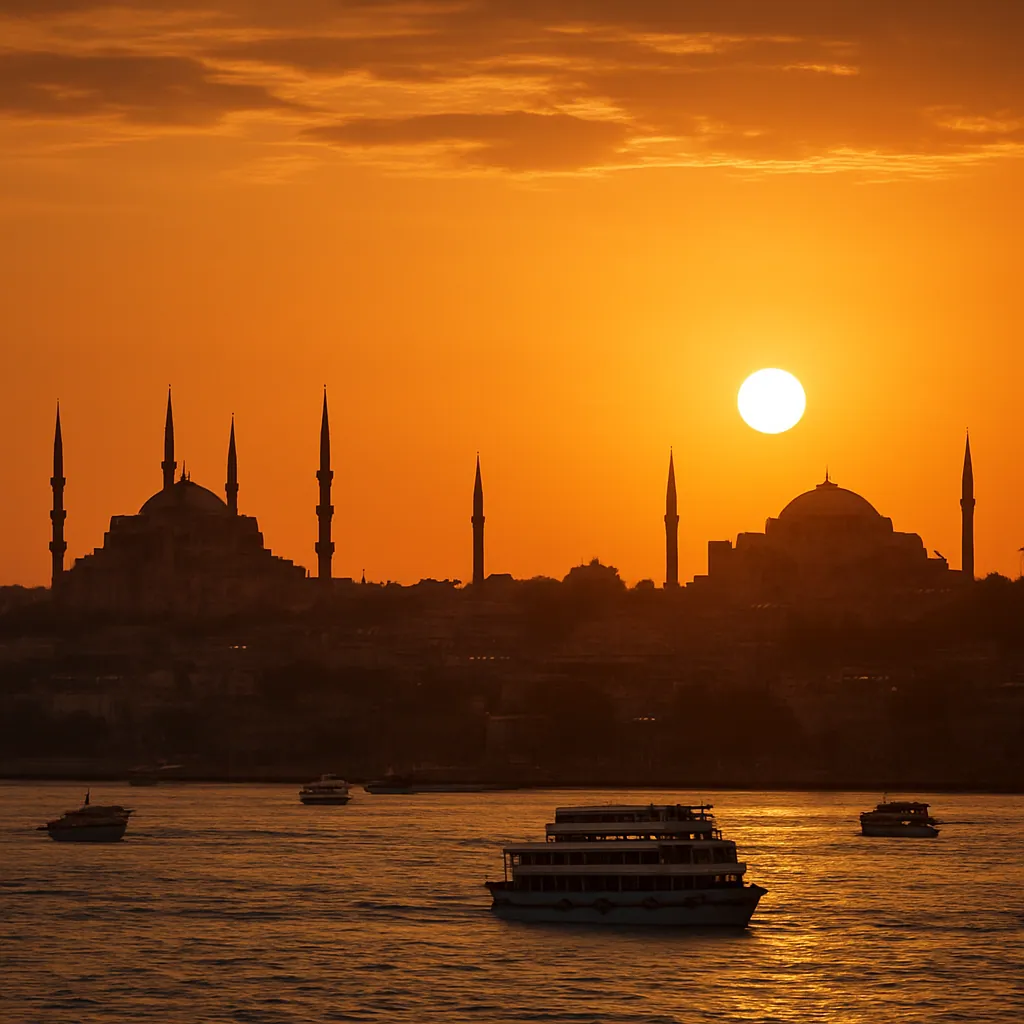 Skyline von Istanbul mit Blauer Moschee und Hagia Sophia am Bosporus bei Sonnenuntergang, Türkei