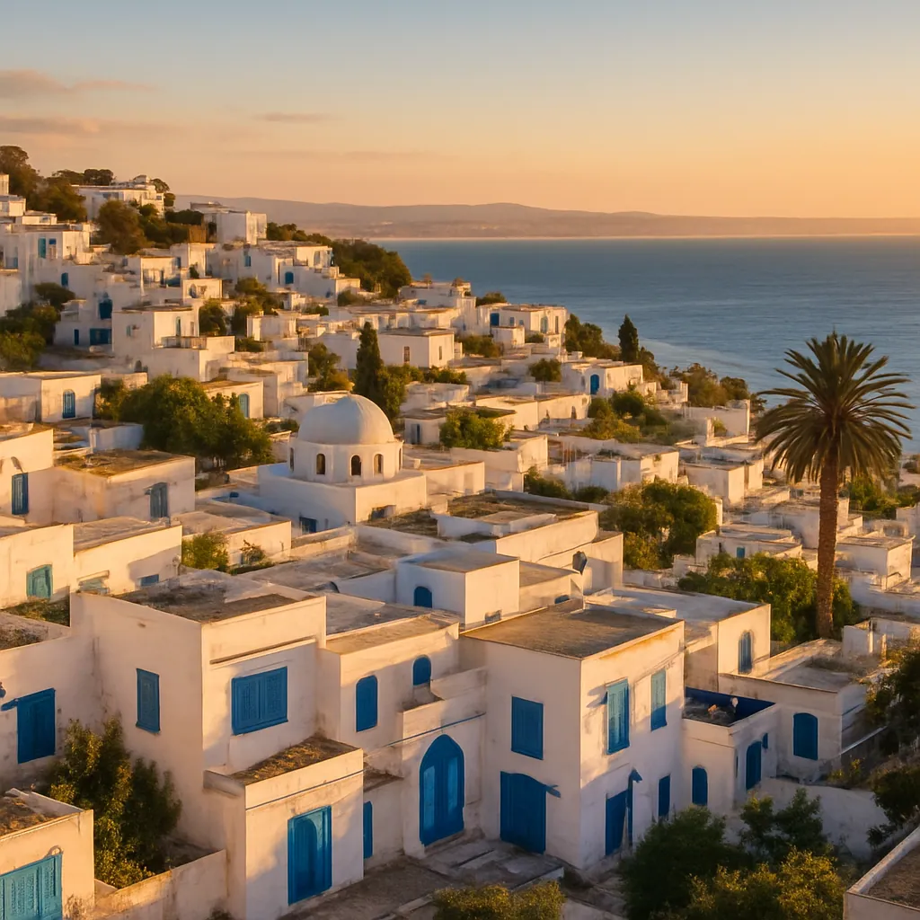 Blau-weißes Dorf Sidi Bou Said bei Tunis mit Blick auf das Mittelmeer, Tunesien