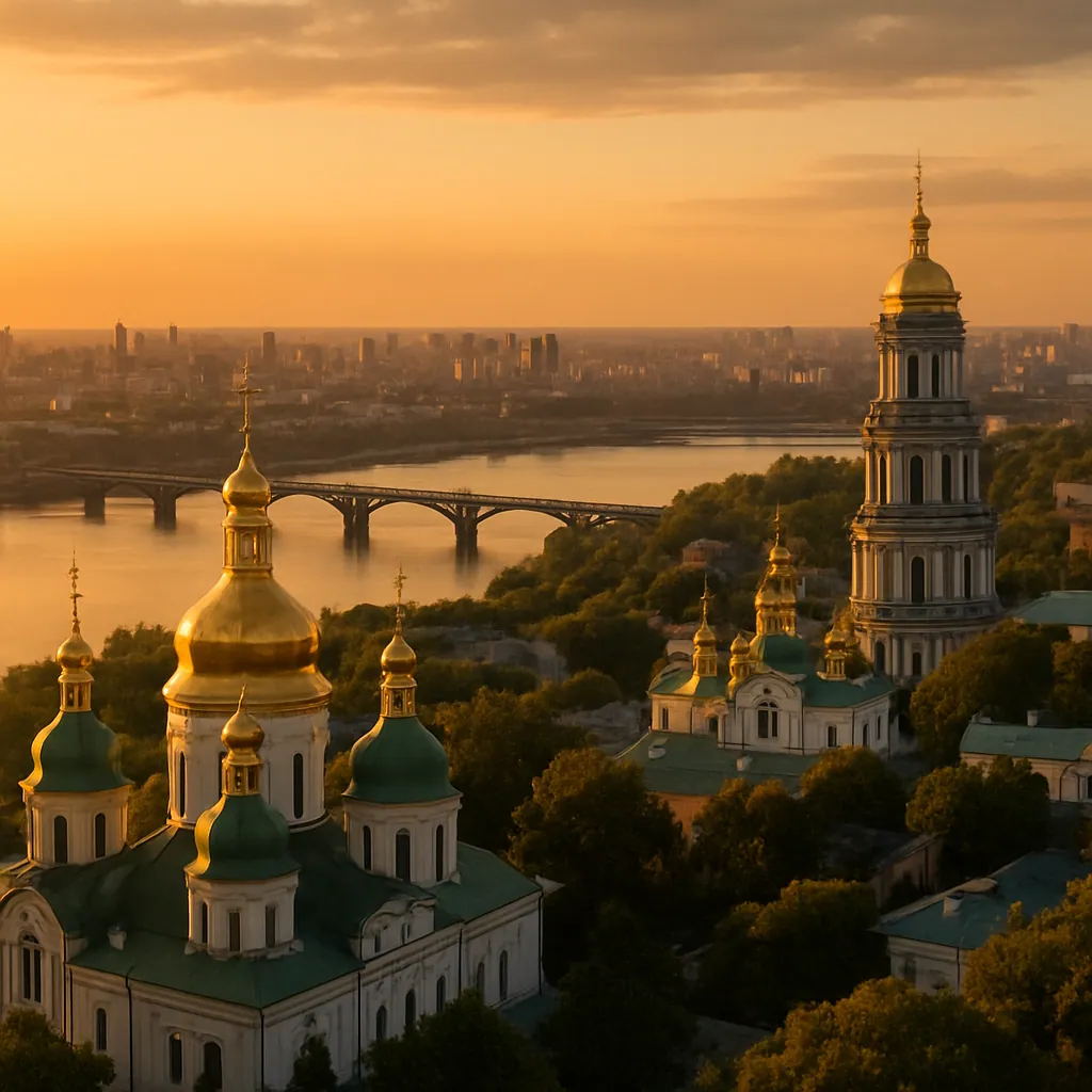 Goldene Kuppeln der Sophienkathedrale über Kyjiw mit Blick auf den Dnipro, Ukraine